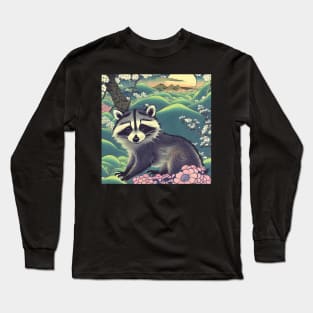 Funny Cute Raccoon with Big Eyes in the Nature Jungle Forest Long Sleeve T-Shirt